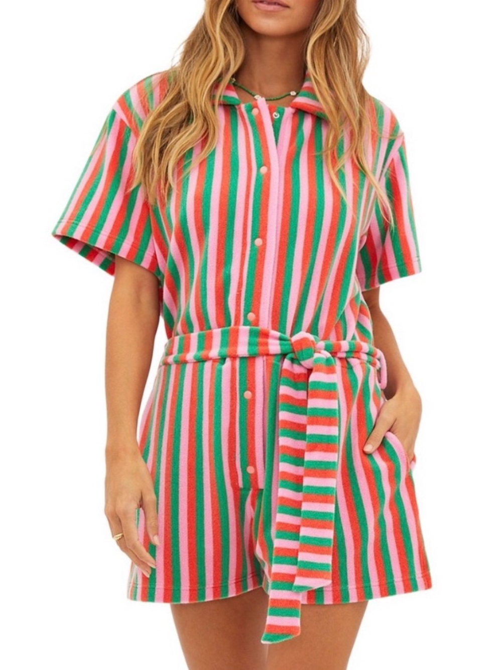 Beach Riot Gia Terry Cloth Striped Snap Romper XS resortwear beach swimming